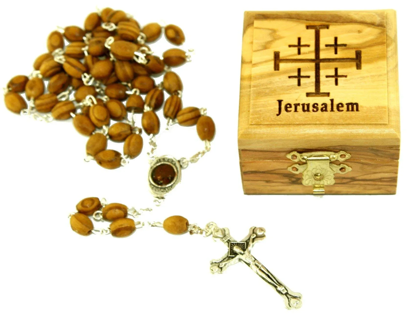 First Communion Rosary and Box from Bethlehem Olive wood (Jerusalem Cross - Laser) with Rosary