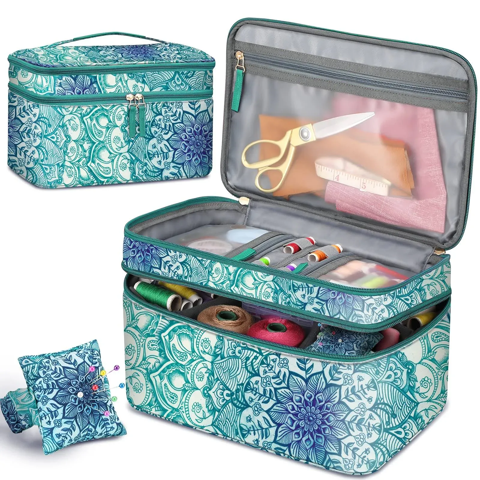 FINPAC Sewing and Craft Supplies Storage Tote, Large Capacity Travel Packing Organizer Bag with Clear Pockets and Handle for Knitting, Crochet, Art, Sewing Accessories (Blooming Hibiscus)
