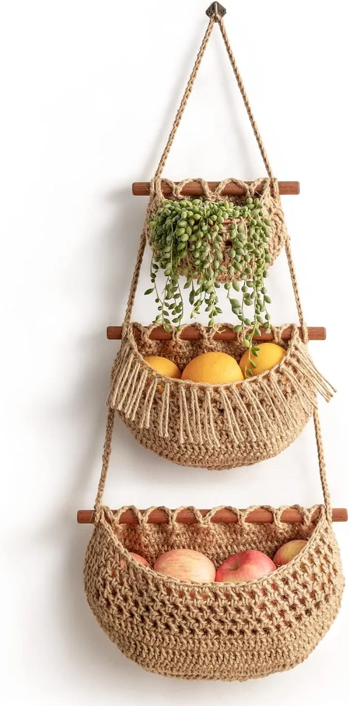 Hanging Fruit Basket, 3 Tier Over the Door Organizer, Handmade Woven Jute Wall Baskets for Organizing, BOHO Decor, Storage for Kitchen, Living & Bathroom Bedroom.