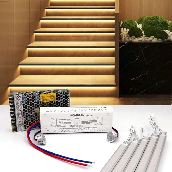 Intelligent Motion Sensor Cascading Style LED Stair Lighting Kit KMG-3233, 23.6 Inch (60 cm) Length Aluminum LED Light Bar (Warm White 3000K, 10 Stairs)