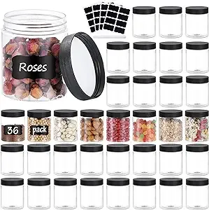 OUSHINAN 36pcs 8oz Plastic Jars with Screw on Lids, Pen and Labels Refillable Empty Round Slime Cosmetics Containers for Storing Dry Food