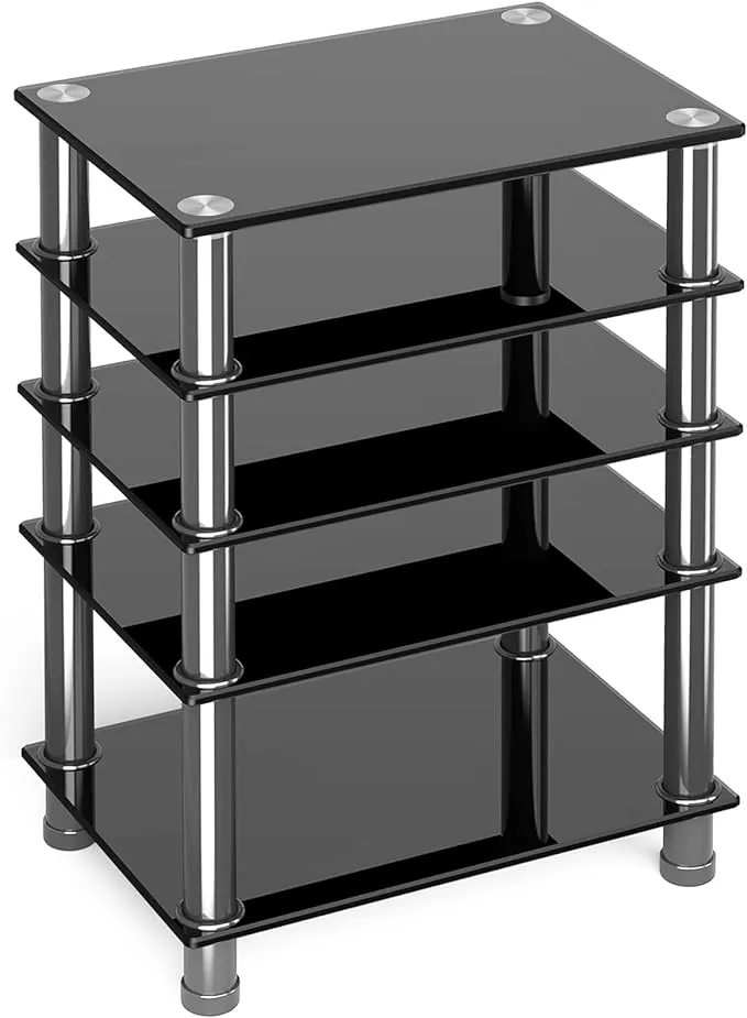 Audio-Video Media Stand with 5-Tier Tempered Glass Shelves, Modern AV Cabinet with Ample Storage for Entertainment Stereo Components, Sturdy Audio Rack Stand Tower for Living, Gaming, Recording Room.