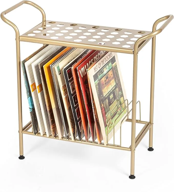 Ilyapa Record Player Stand with Vinyl Record Storage, Gold Metal Table with Shelves for Records, 2-Tier Record Storage, Vinyl Record Holder, Record Player Table, Turntable Stand with 14 Slots