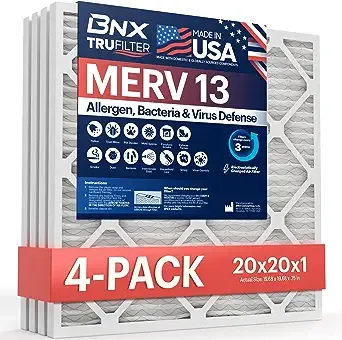 BNX 20x20x1 MERV 13 Air Filter 4 Pack - MADE IN USA - Electrostatic Pleated Air Conditioner HVAC AC Furnace Filters - Removes Pollen, Mold, Bacteria, Smoke