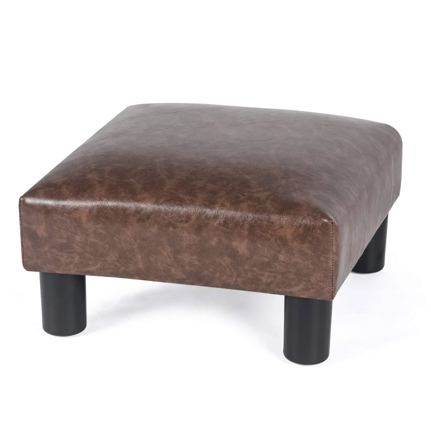 Adeco 15’’ Small Ottoman Footstools- Waterproof Brown Distressed Faux Leather Upholstered Foot Rest with Plastic Legs- Lightweight and Portable