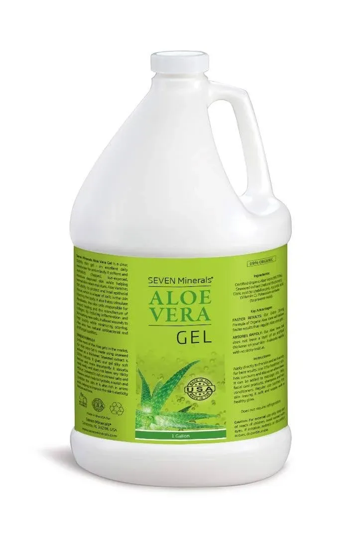 Seven Minerals Organic Aloe Vera Gel - 1 Gallon - with 100% Pure Aloe from Freshly Cut Aloe Plant, Not Powder - No Xanthan, So It Absorbs Rapidly with