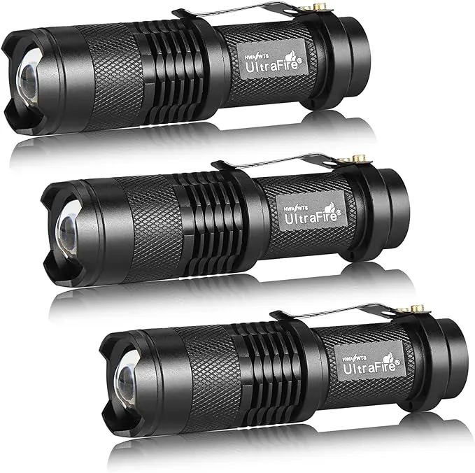 ULTRAFIRE 3 Pack Mini Flashlights Focus Adjustable SK68 Single Mode Tactical LED Flashlight, Ultra Bright 300 Lumens Torch