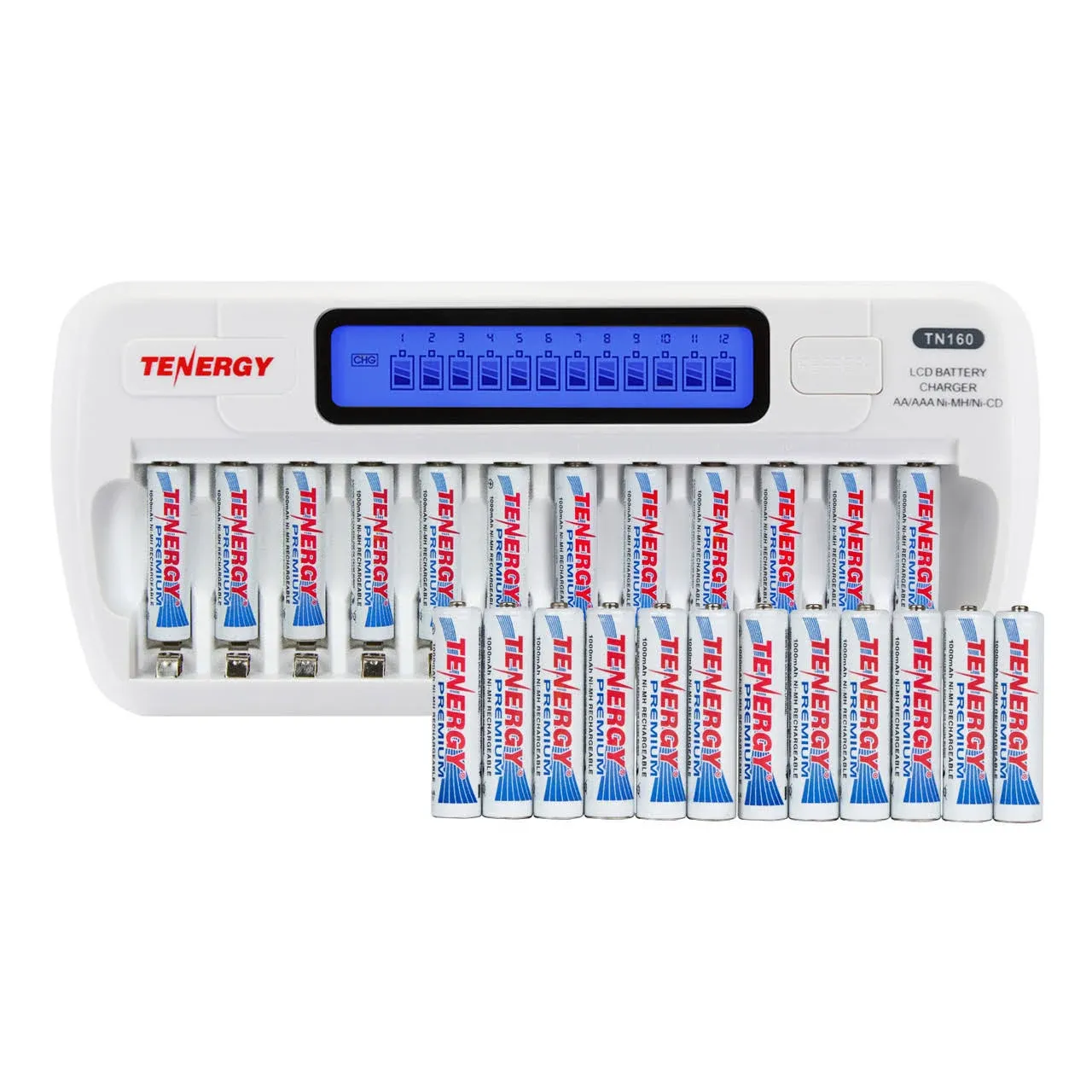 Tenergy TN160 12-Bay AA/AAA NiMH/NiCD LCD Charger + 24 AAA Premium NiMH Rechargeable Batteries