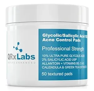 QRxLabs Glycolic/Salicylic Acid 10/2 Acne Control Pads with 10% Ultra Pure Glycolic + 2% Salicylic Acid, Allantoin, Vitamins B5, C & E, Calendula Green Tea - Most Effective Treatment Clear Skin