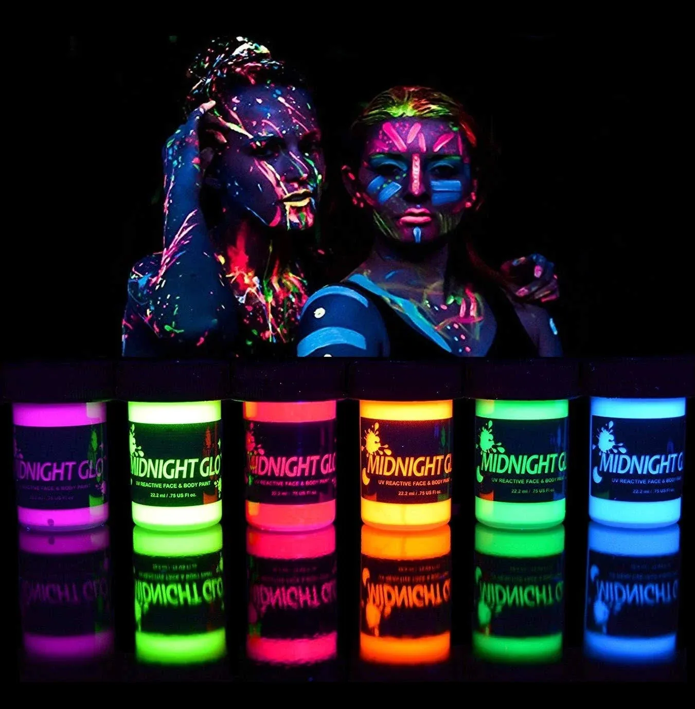 Midnight Glo UV Neon Face &amp; Body Paint Glow - Blacklight Reactive Fluorescent...