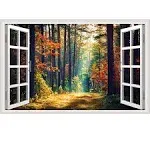 Forest Fake Windows Wall Sticker Removable 3D Nature Landscape Faux Windows Wall Sticker Vinyl Self-Adhesive Maple Trees Wall Mural Stickers for Bedroom Living Room Decoration