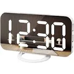 Wulawindy Digital Alarm Clock Large Mirrored LED Display with USB Charger Snooze Function Dim Mode Wall Hanging Beside Desk Clock for Bedroom