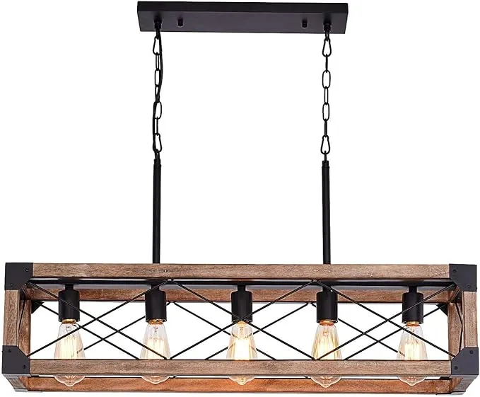 Airposta Kitchen Island Lighting, 33.5-Inch 5 Lights Farmhouse Linear Chandelier for Dining Room Pool Table Pendant Light Fixture, Rustic Wood Grain Finish, Industrial Pendant Light