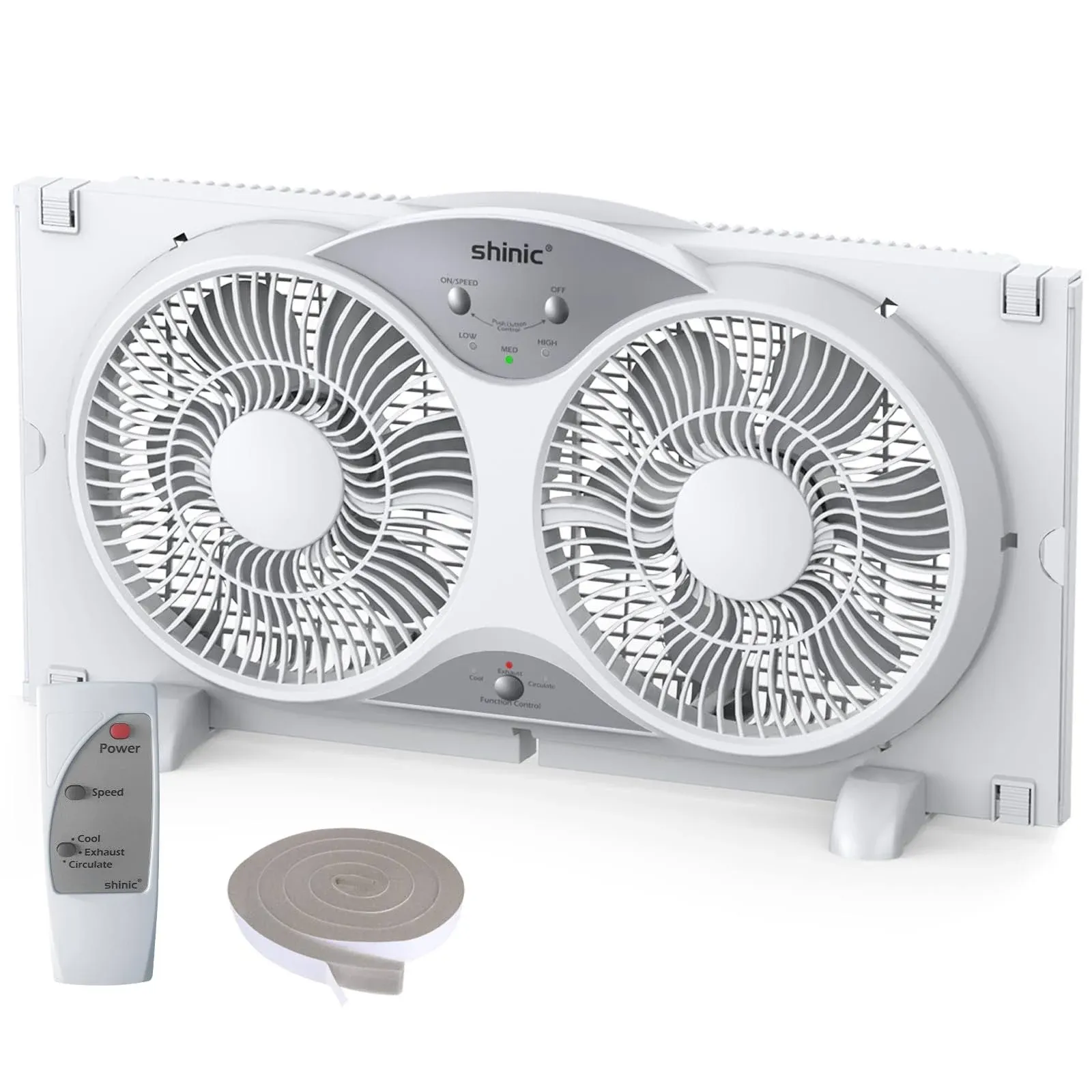 shinic Window Fan with Reversible Airflow Quiet Twin 9" Blades Full Remote Control 3 Functions-3 Speeds Bathroom Kitchen Window Exhaust Fan Width