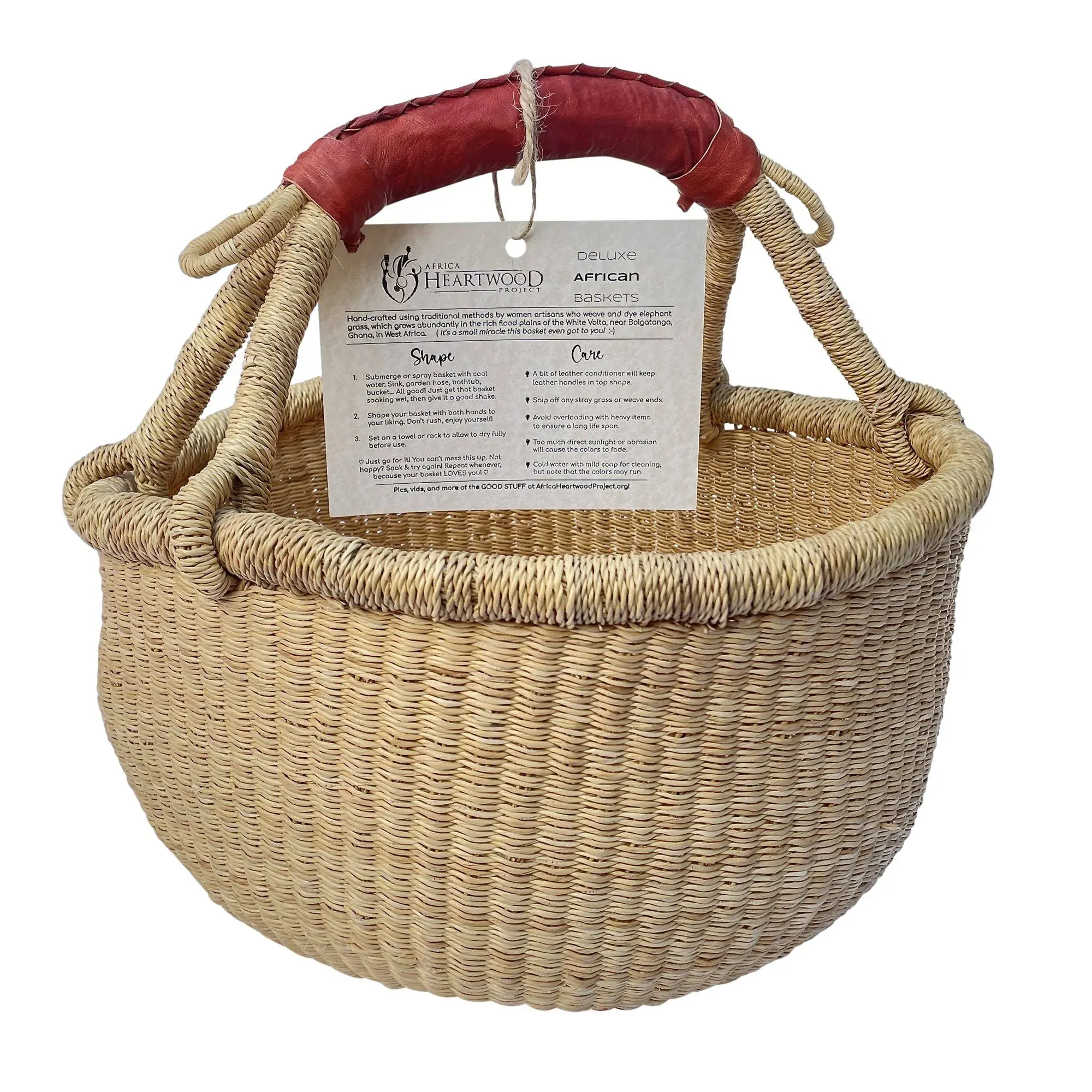 Africa Heartwood Project - Deluxe Medium Round Natural African Basket with Le...