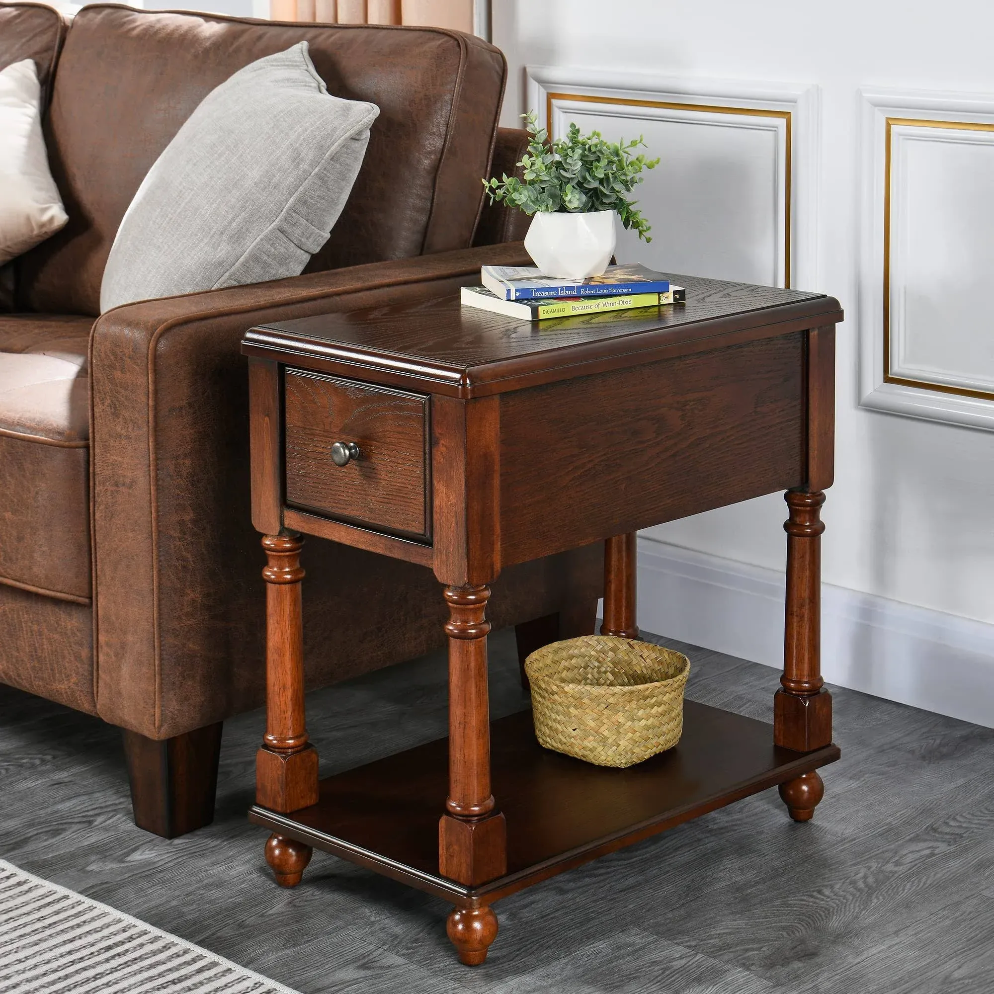 Narrow End Table with Drawer, Solid Wood Sofa Side Table with Storage Shelves...