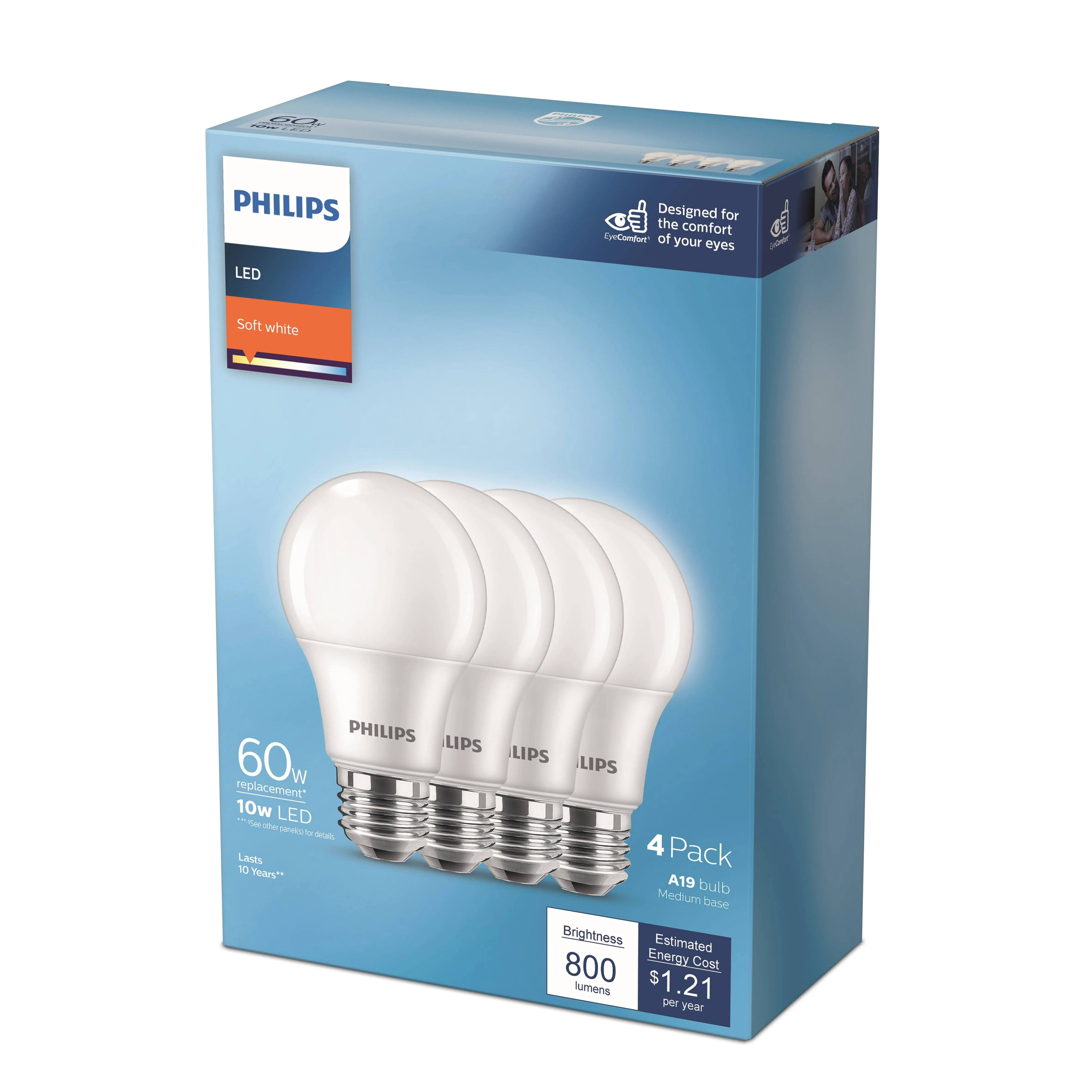 Philips A19 LED 60W Equivalent Soft White Light Bulb, 4-Pack