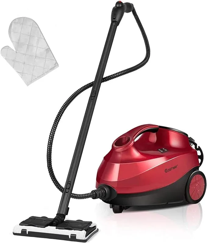 COSTWAY 2000W Multipurpose Steam Cleaner with 19 Accessories, Household Steamer with 1.5L Tank for Cleaning, Heavy Duty Rolling Cleaning Machine for Carpet, Floors, Windows and Cars, Red