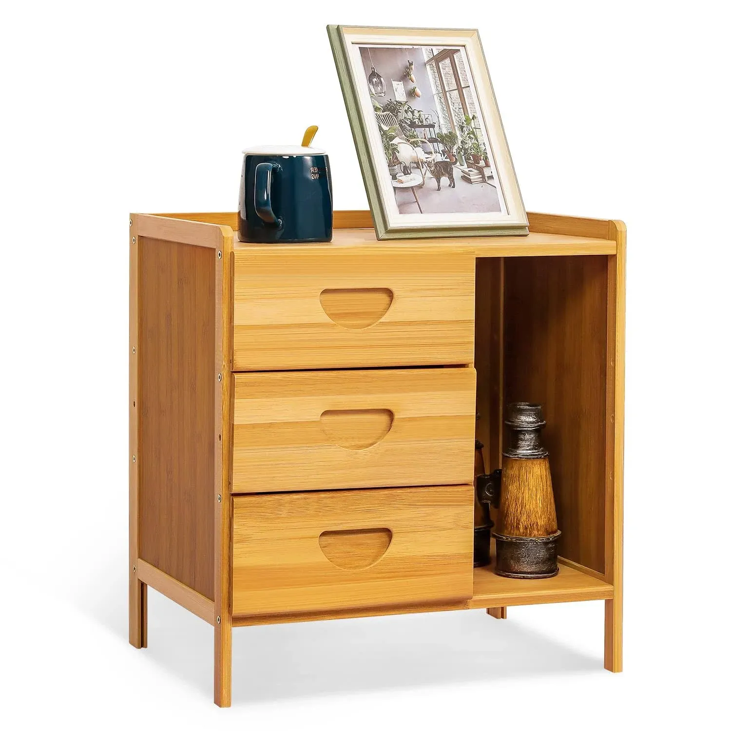 Monibloom Nightstand with 3 Drawers and 1 Open Shelf, Bamboo Bedside Table ...