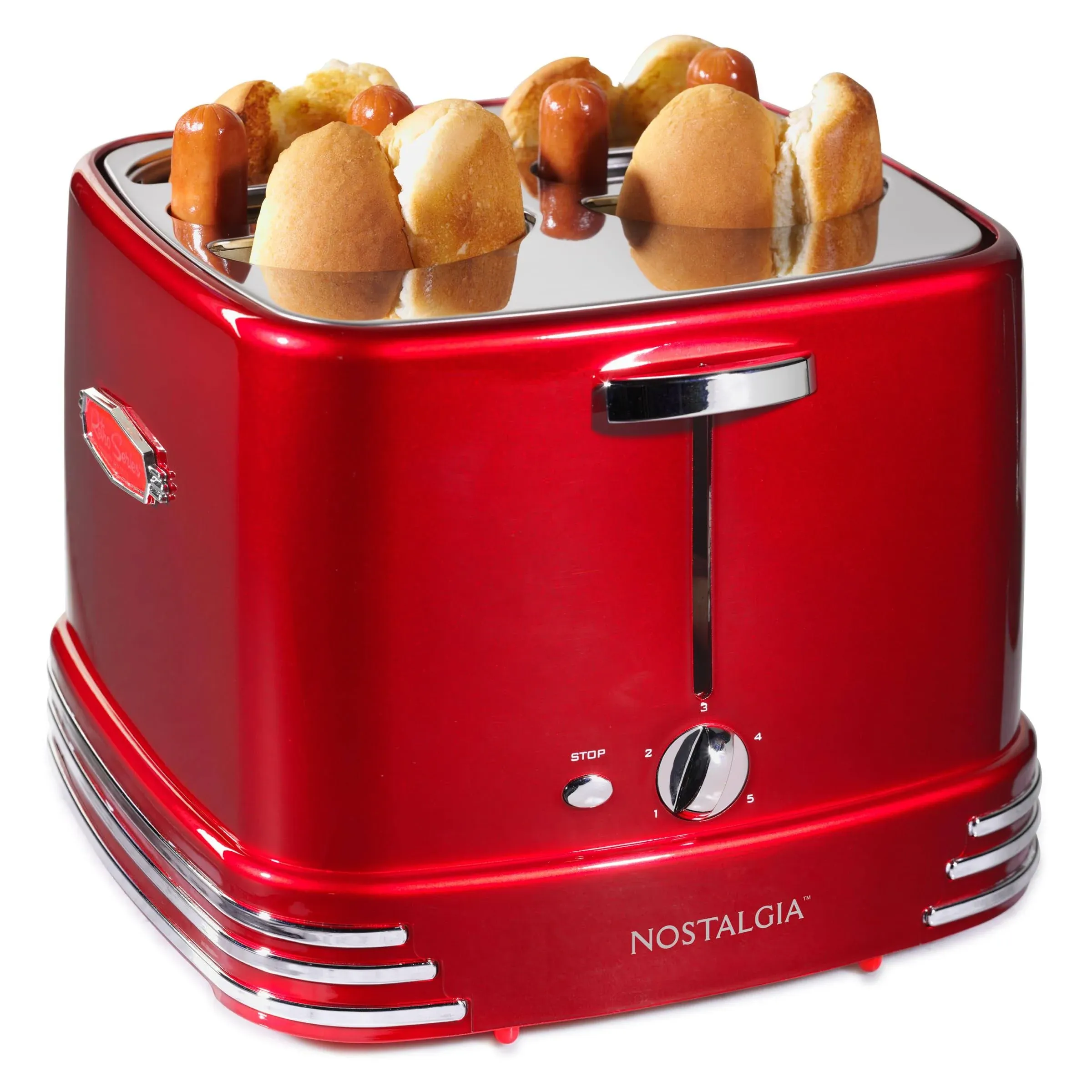 Red Retro Toaster Kitchen 4-Slot Hot Dogs And Buns Pop-Up Toaster Countertop Cookware Classic 4 Slots Hot Dog Cooking Assembled Chrome Silver, Metal Plastic