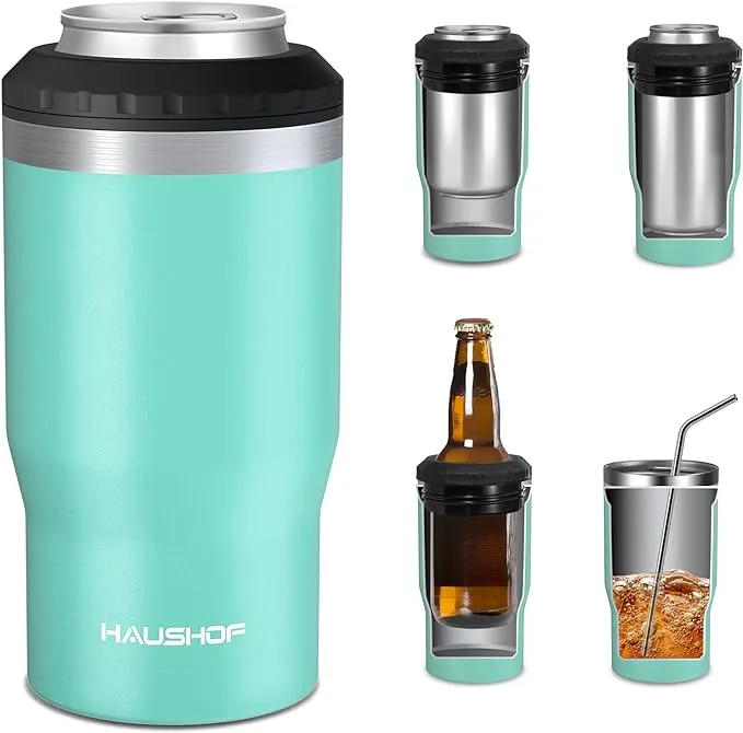 HAUSHOF 12 oz Can Cooler, 4 in 1 Insulated Stainless Steel Can Insulator, Fits for 12 oz Standard Can|12 oz Slim Can|12 oz Beer Bottle, Perfect for Camping, Beach, Picnic