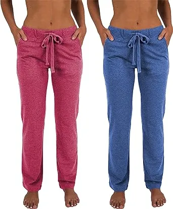 Sexy Basics Women's 2 Pack Ultra Soft French Terry Cotton Drawstring Yoga Lounge Long Pants