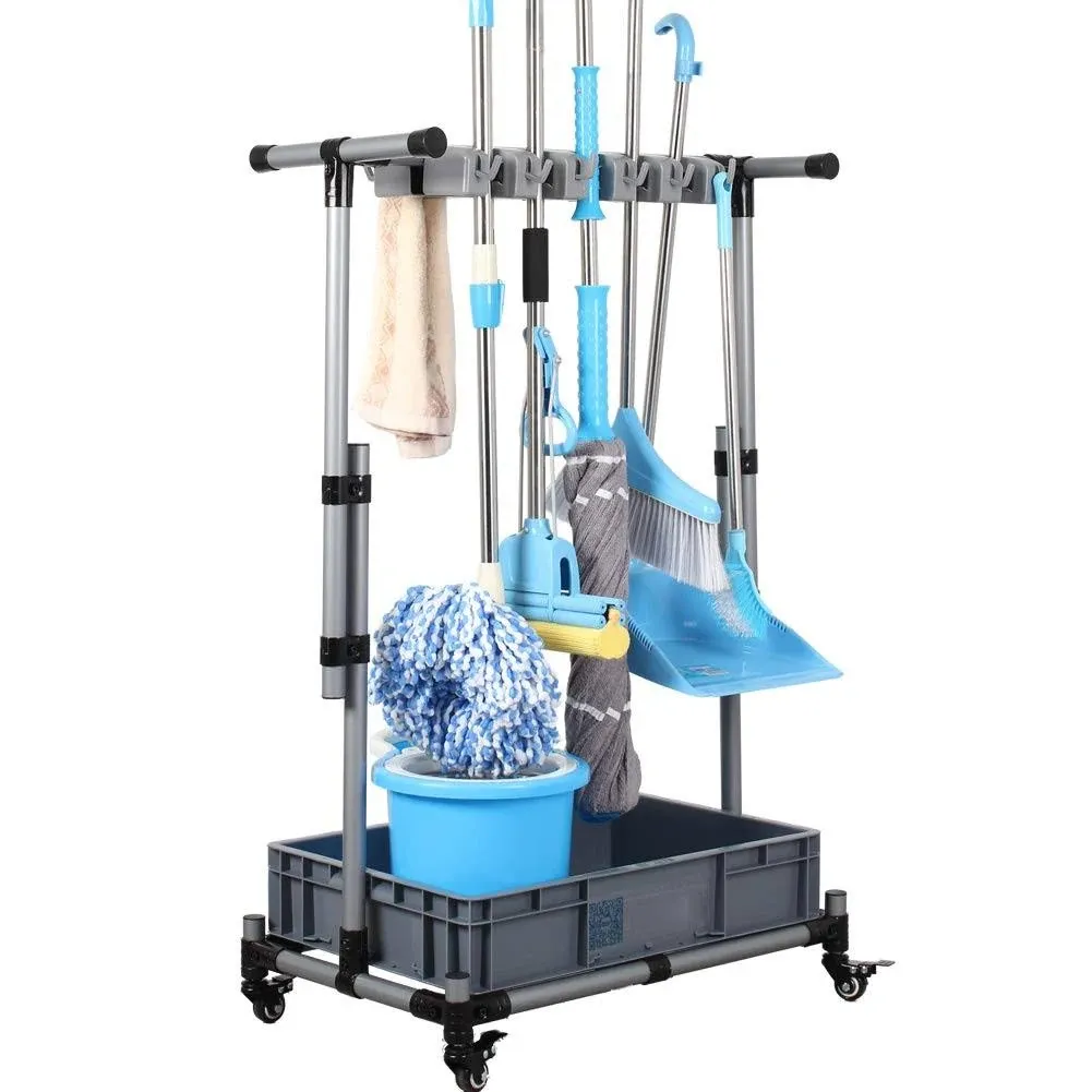 Broom and Mop Holder Put Wet Mops Movable Floor-Mounted Mop Rack Floor Standing Cleaning Tool Cart Storage for Garden Garage Schools, Hospitals, Factories, Hotels,Property Companies