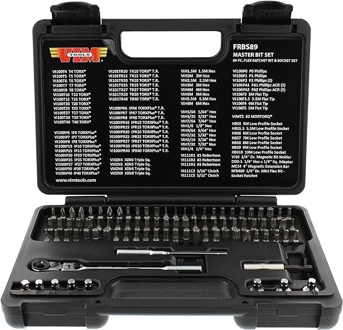 VIM Tools Flex Head Ratcheting Wrench Set - 89pc 1/4in Drive 3-Way Ratcheting Screwdriver Set with Bits and Sockets