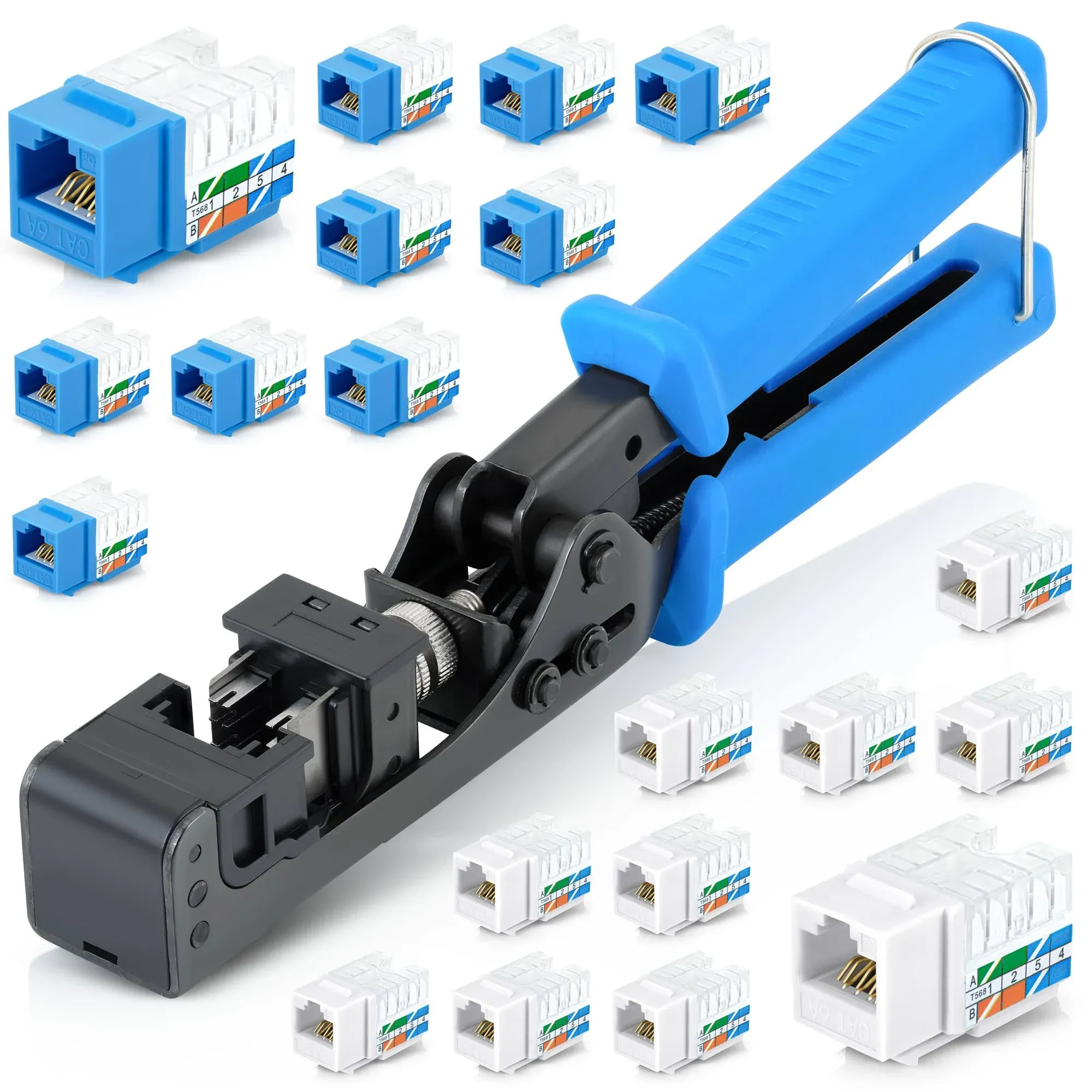 Everest easyJACK - 90° Angled Speed Termination Keystone Tool - with 20-Pack of RJ45 Cat6a Keystone Jacks (10 Blue & 10 White) - RJ45 Punch Down Tool cat6a, punchdown Tool cat6a