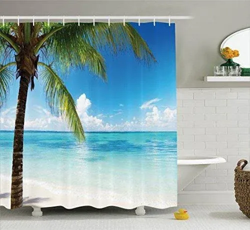 Ambesonne Ocean Shower Curtain, Exotic Beach Water and Palm Tree by The Shore Clear Sky Landscape Image, Cloth Fabric Bathroom Decor Set with Hooks, 69" W x 70" L, Green Blue White