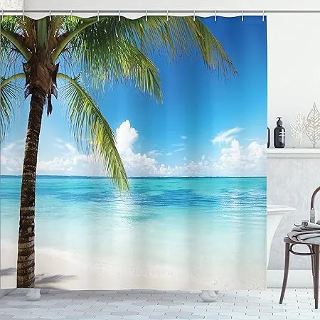 Ambesonne Ocean Shower Curtain, Exotic Beach Water and Palm Tree by The Shore ...