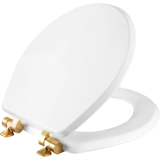 Mayfair 1826BGSL 000 Benton Toilet Seat with Brushed Gold Hinges will Slow Close and Never Come Loose, ELONGATED, Durable Enameled Wood, White