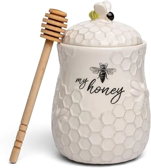 Young's Inc. Ceramic Honey Jar with Wooden Honey Dipper - Farmhouse Kitchen Decor - Tea Accessories