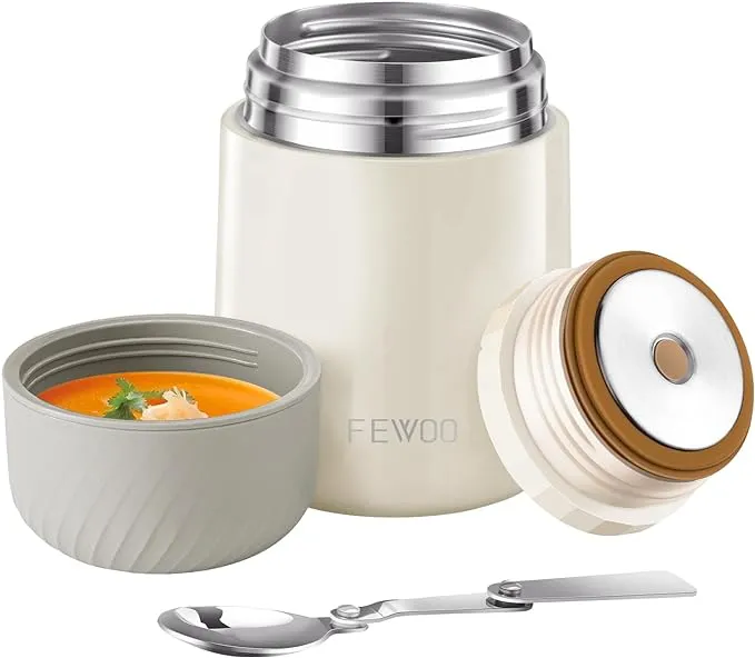 FEWOO Food Jar - 20oz Vacuum Insulated Soup Container, Stainless Steel Lunch box for Kids Adult, Leak Proof Food Jar with Folding Spoon for Hot or Cold Food (White)