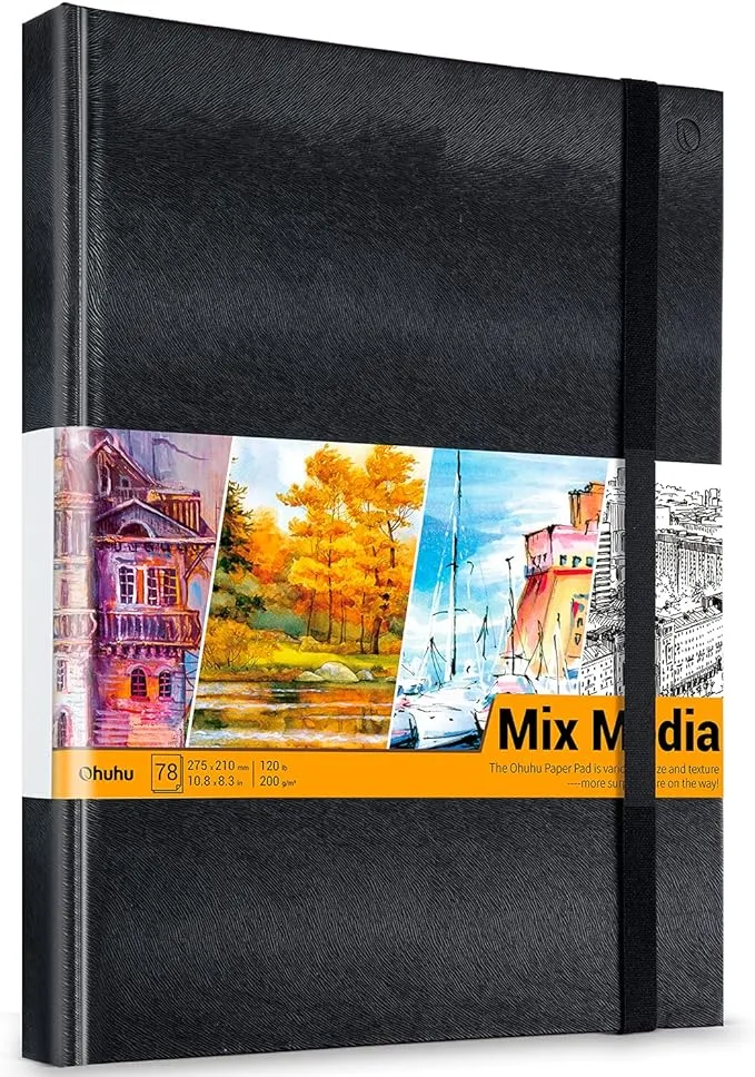 Mix Media Pad, Ohuhu 10.8"x8.3" Mixed Media Art Sketchbook, 120 LB/200 GSM Heavyweight Papers, 78 Sheets/156 Pages, PU Hardcover Mixed Media Paper Pad for Acrylic, Painting Christmas Gift