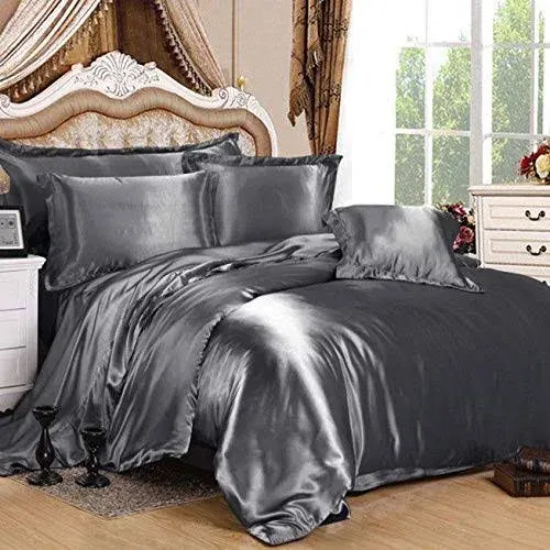 100% Pure Silk Satin Duvet with Fitted Set 4 Pcs Silk Fitted Sheet 15" Deep Pocket Silk Duvet Cover Pillowcases Soft Silk Sheets|Wrinkle Free Fade Resistant (California King, Dark Gray)