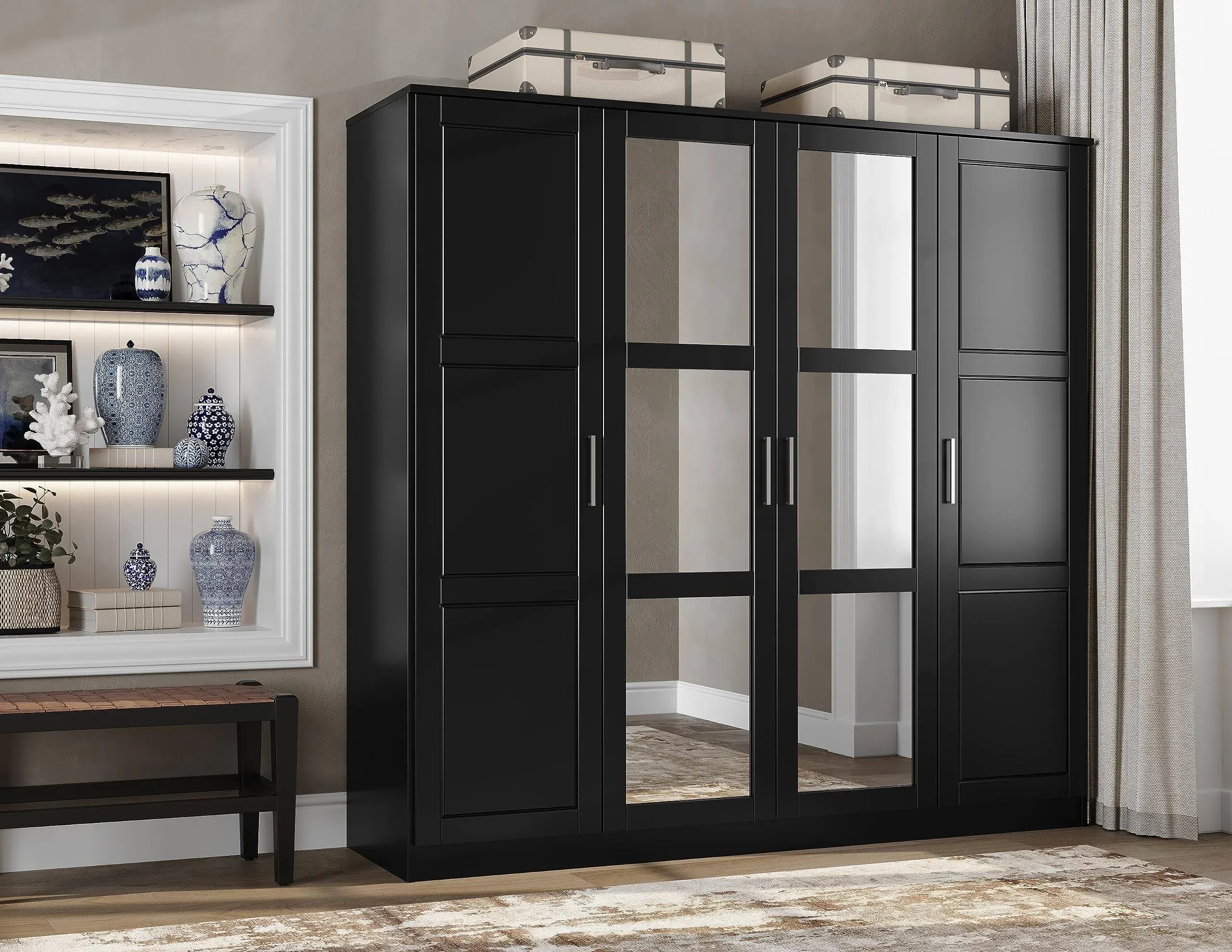 Palace Imports 100% Solid Wood Cosmo 4-Door Wardrobe with Solid Wood or Mirrored Doors by Black-Mirror