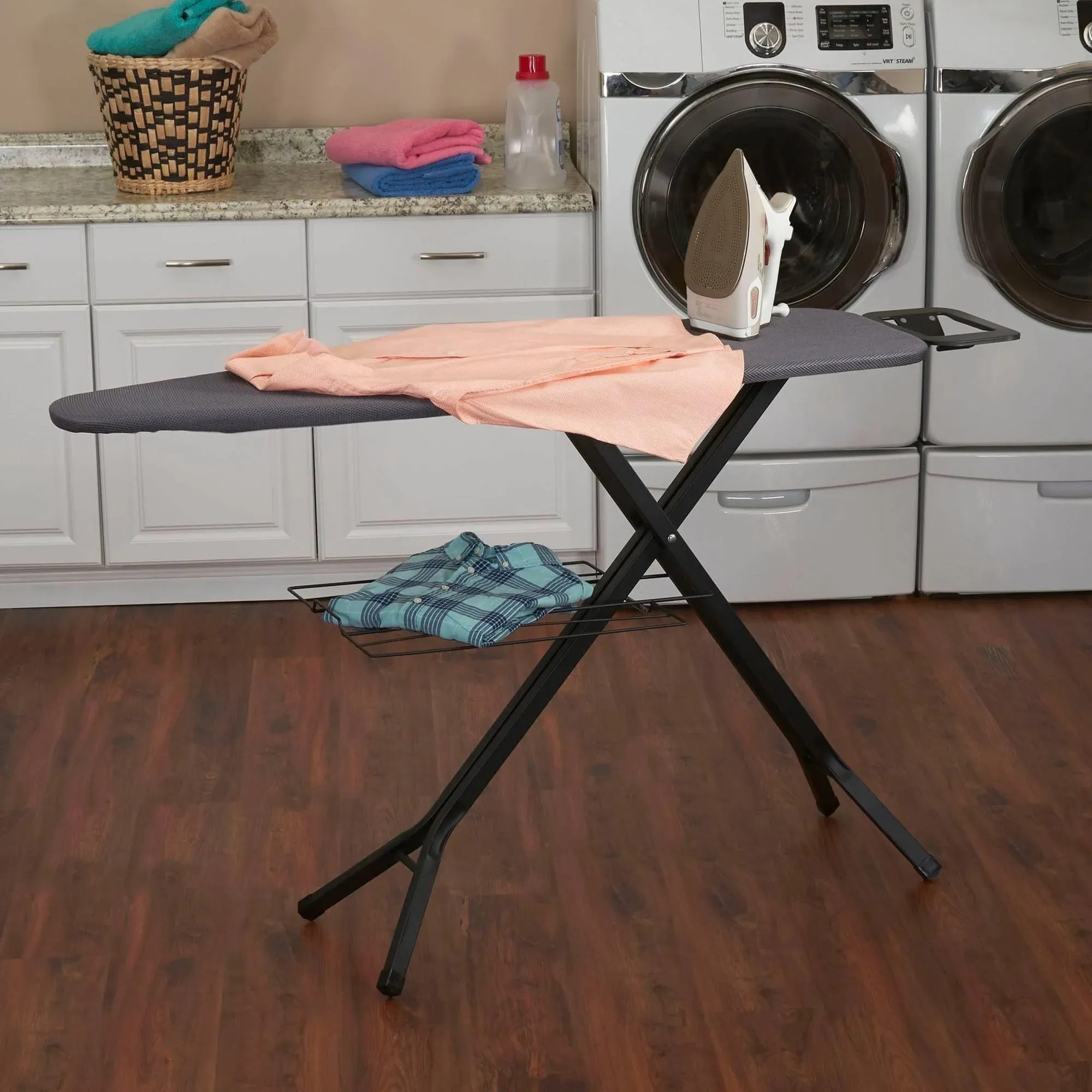 Household Essentials Deluxe Matte Black Ironing Board with Mesh Steel Top, 4 Durable Hex Legs, Heat-Resistant FiberTech Cover and (6 MM)Fiber Pad, 4 Height Settings, Leg Caps and Iron Rest