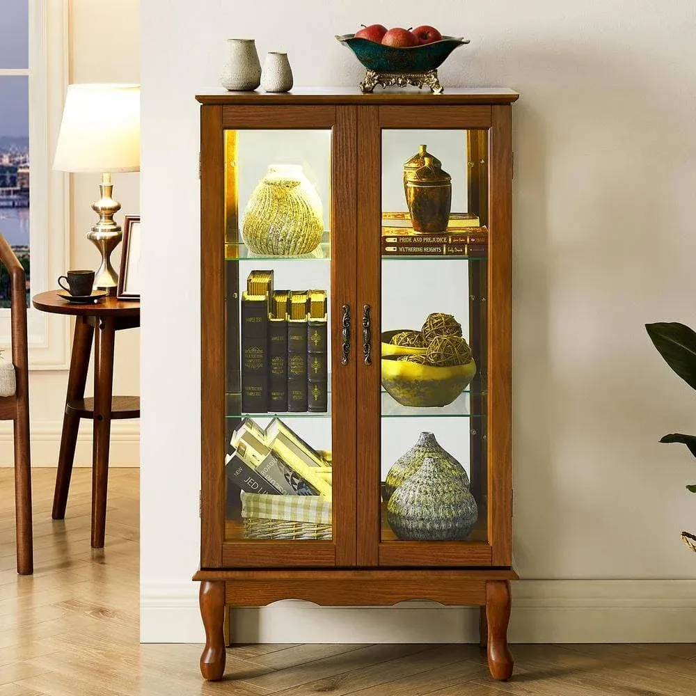 Lighted Curio Display Cabinet with Glass Doors and Adjustable Glass Shelves