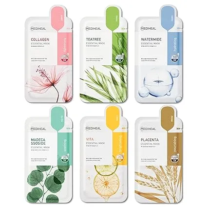 Mediheal Sheet Mask New Essential HERO 12 pack (Collagen, Tea Tree, Madecassoside, Vita) | Korean Skincare Facial Sheet Mask Combo