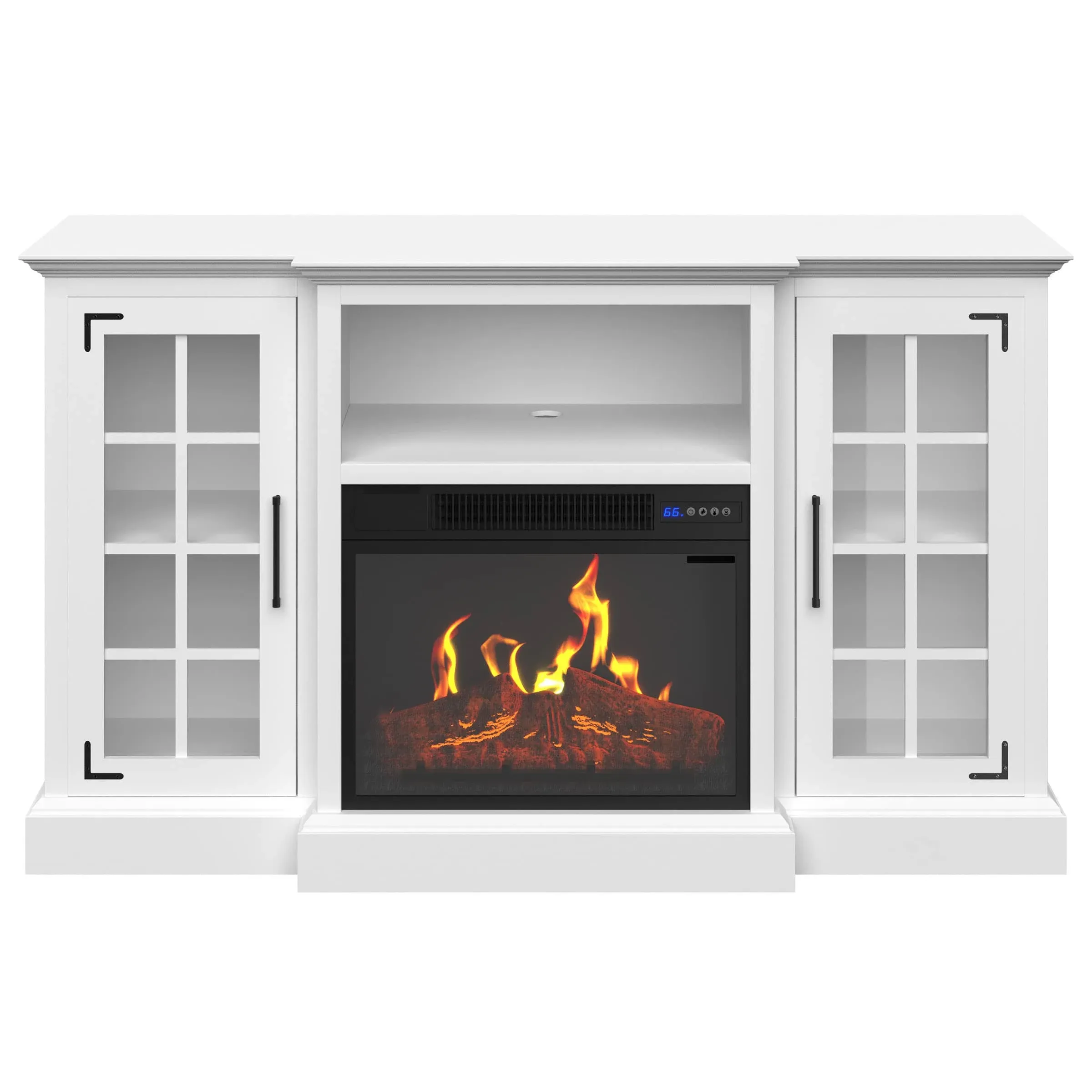 Northwest TV Stand with Electric Fireplace Fits TVs up to 65-Inches - Media Console with Storage Cabinet, Adjustable Heat, and LED Flames (White)