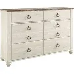 Signature Design by Ashley Willowton Coastal Cottage 6 Drawer Dresser with Faux Plank Top, Whitewash