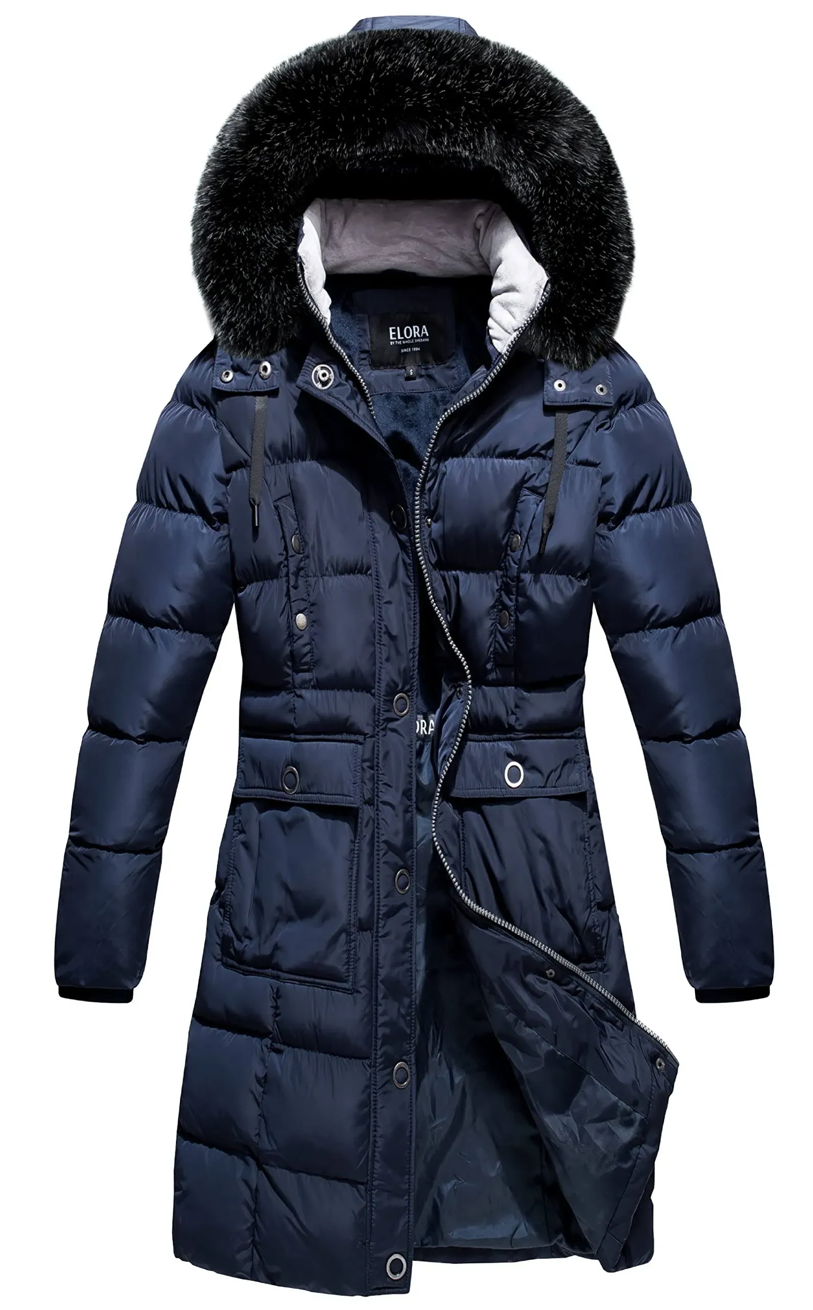 Elora Women's Winter Coat - Mid-Length Cargo Coat with Detachable Hood L / Navy