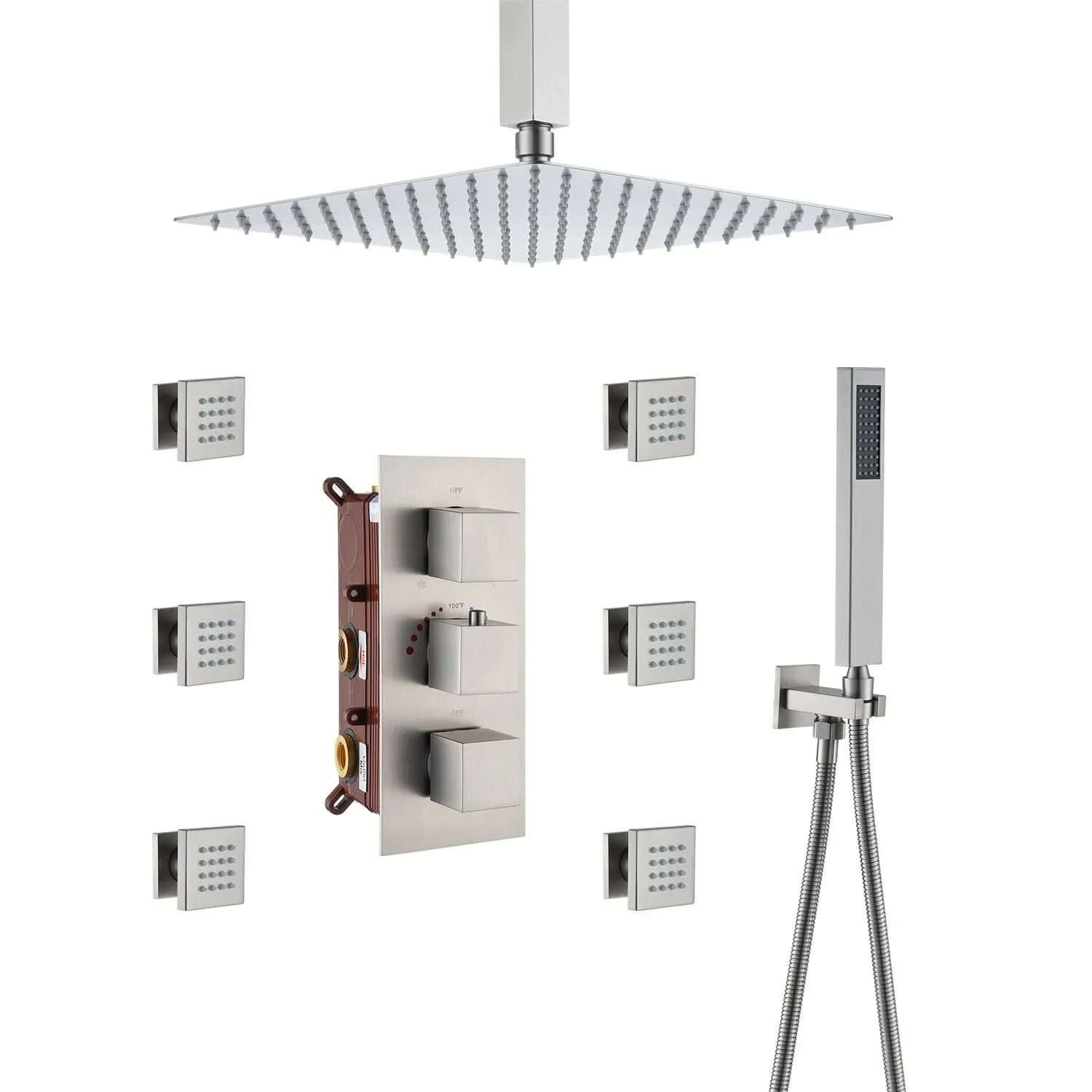 MONDAWE 12" Thermostatic Full Body Shower Jets System, Rainfall Luxury Overhead Shower System with 6 Sprayer Jets, Ceiling Mount Rain Shower and Handheld, and Rough-in Valve & Trim Kit, Brushed Nickel