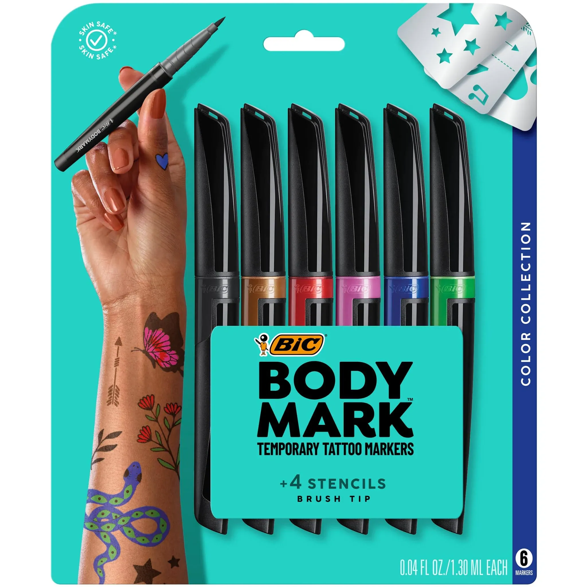 BIC BodyMark Temporary Tattoo Marker, Brush Tip, Assorted Colors, 6 Count