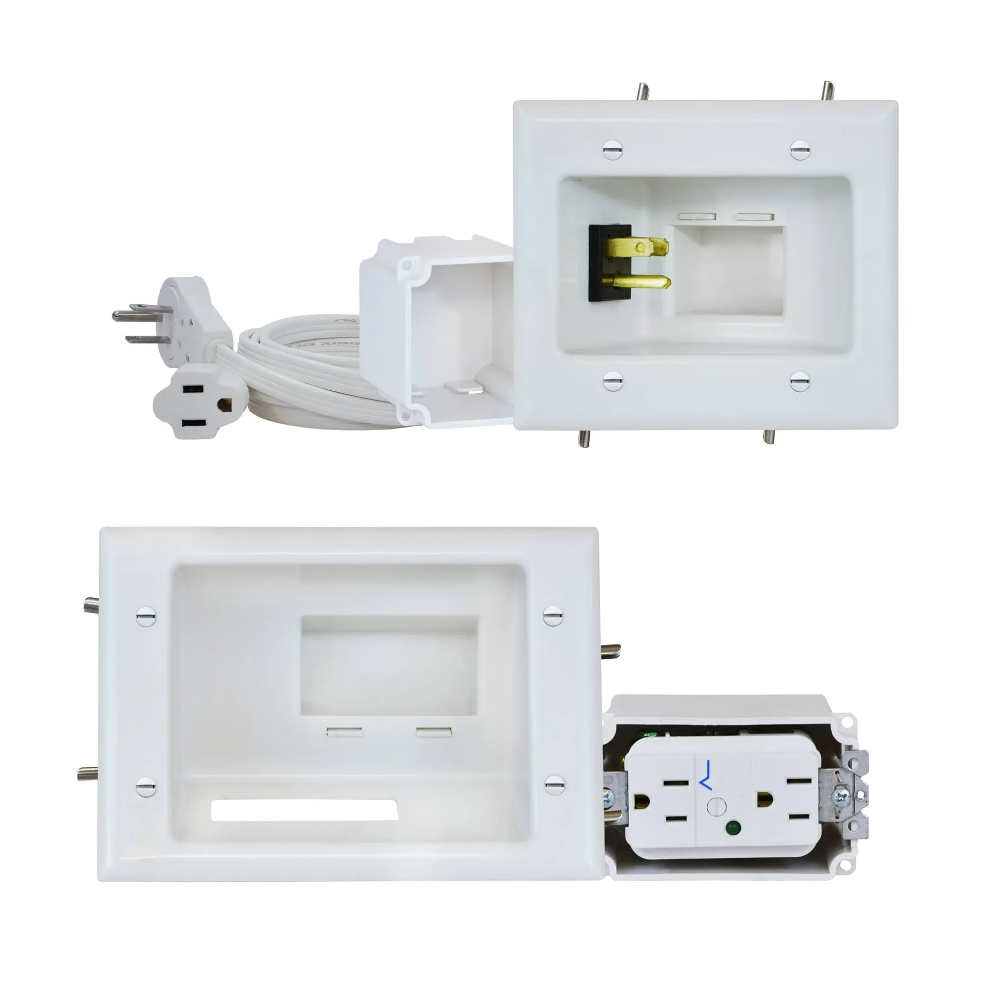 DataComm 45-0028-WH Recessed Pro Power Kit w/ Duplex Receptacle & Straight Blade Inlet, 15 amp/125 volt Duplex Surge