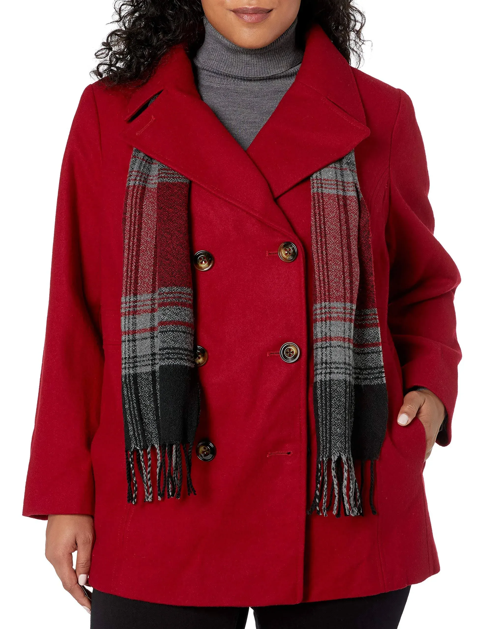 LONDON FOG Women&#039;s Double Breasted Peacoat with Scarf