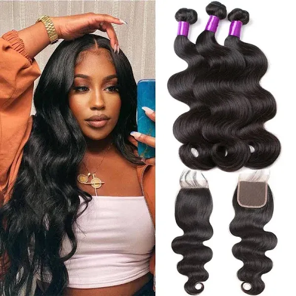 Body Wave Bundles Human Hair 18 20 22+16 Bundles with Closure Human Hair 3 ...