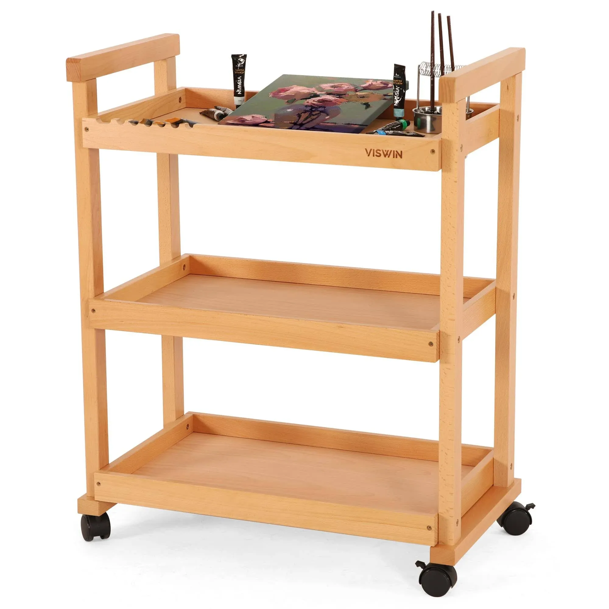  37&#034; H Art Cart Storage Organizer 3-Tier, Solid Beech Wood Rolling Natural