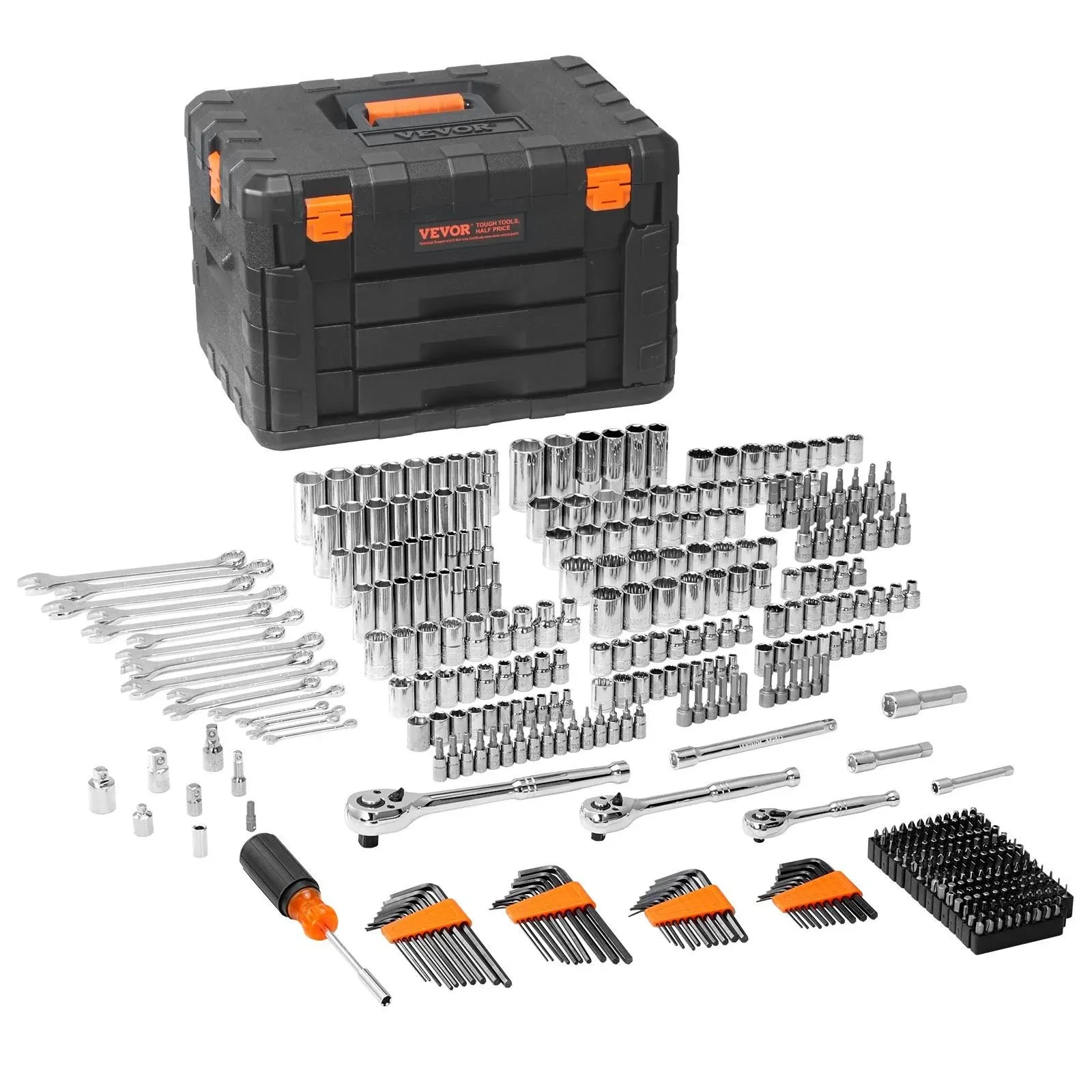 VEVOR Mechanics Tool Set and Socket Set, 1/4&quot; 3/8&quot; 1/2&quot; Drive Deep and Standard Sockets, 450 Pcs SAE and Metric Mechanic Tool Kit with Bits, Hex Wrenches, Combination Wrench, Accessories, Storage Case